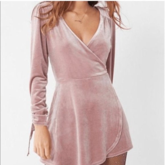 Urban Outfitters Pants - Urban Outfitters Romper XS Dusty Pink Velvet Wrap-Front Long Sleeve Stretch